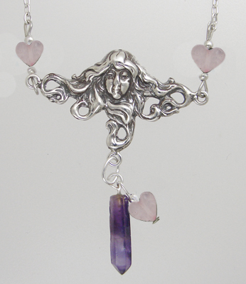 Sterling Silver Woman Maiden of the Gentle Heart Necklace With Amethyst And Rose Quartz Heart